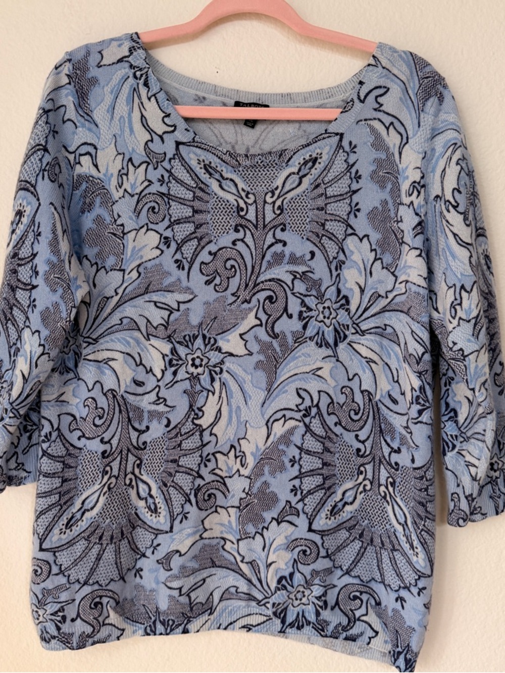 Talbots 100% Cashmere Sweater Blue Floral Pattern Quiet Luxury Staple Knit XL